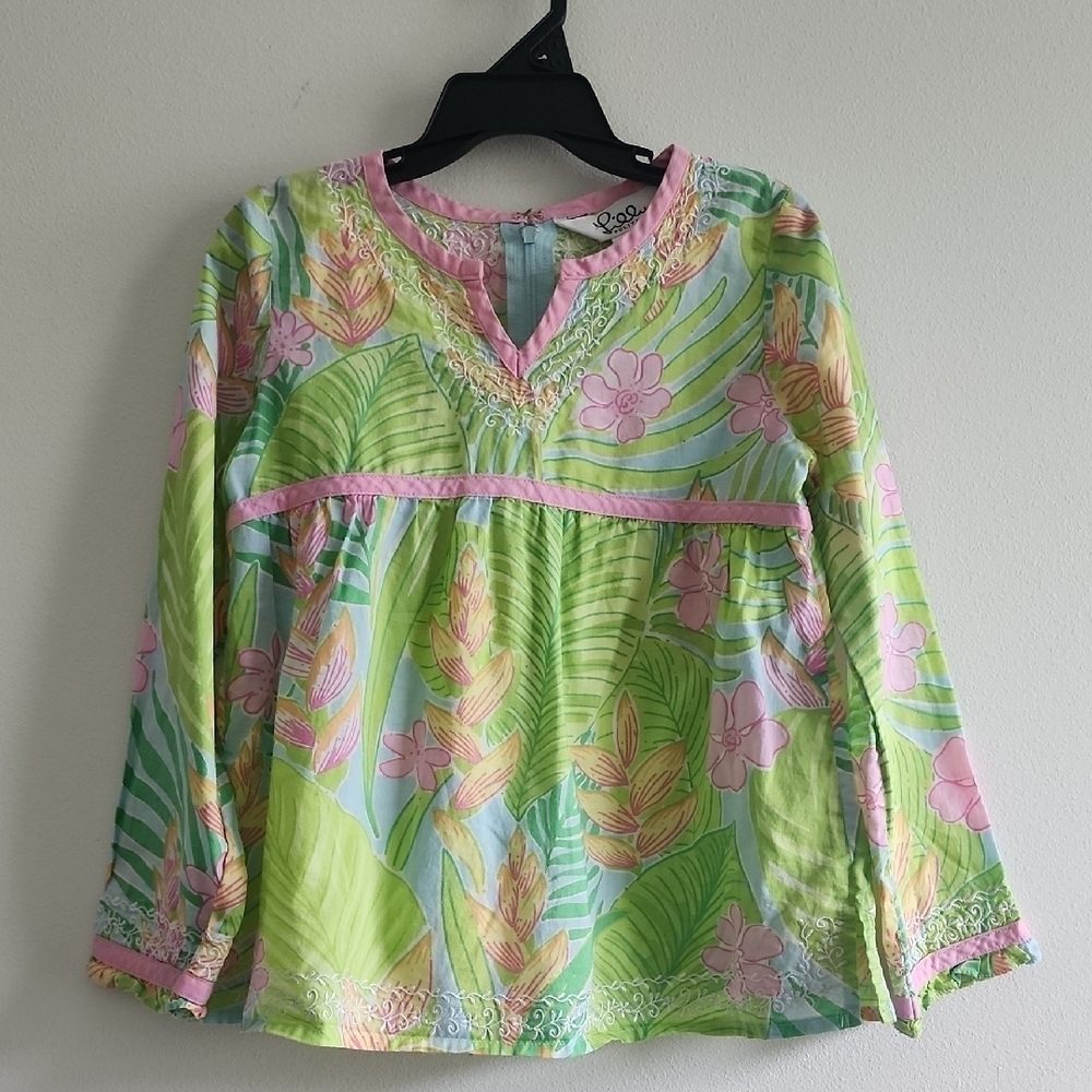 RARE Vintage Lilly Pulitzer Baby Girl Dress - Tropical Floral & Pink Trim Sz 6 M